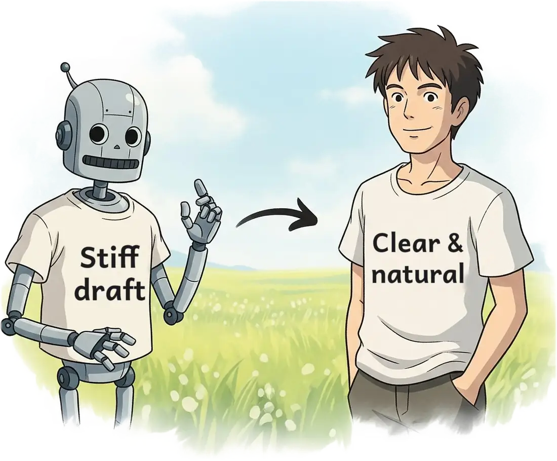 A robot in a Stiff draft T-shirt points to a person in a Clear and natural T-shirt