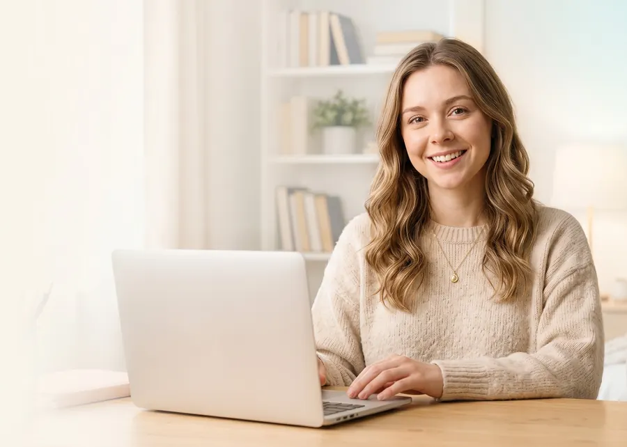 A writer smiling at her laptop