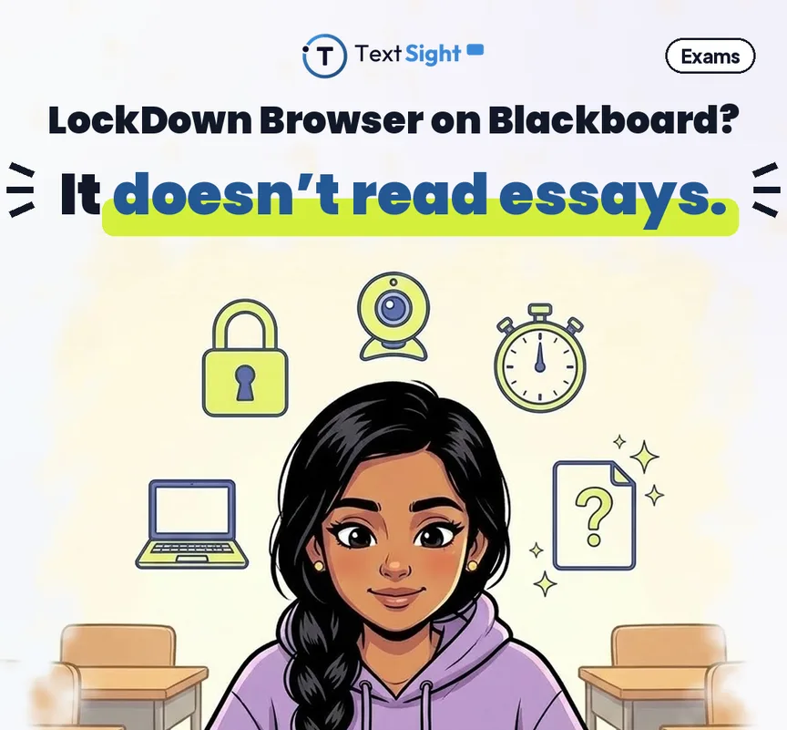 Illustration contrasting a locked-down exam window with essay marking, above the caption: LockDown Browser is not an AI detector.