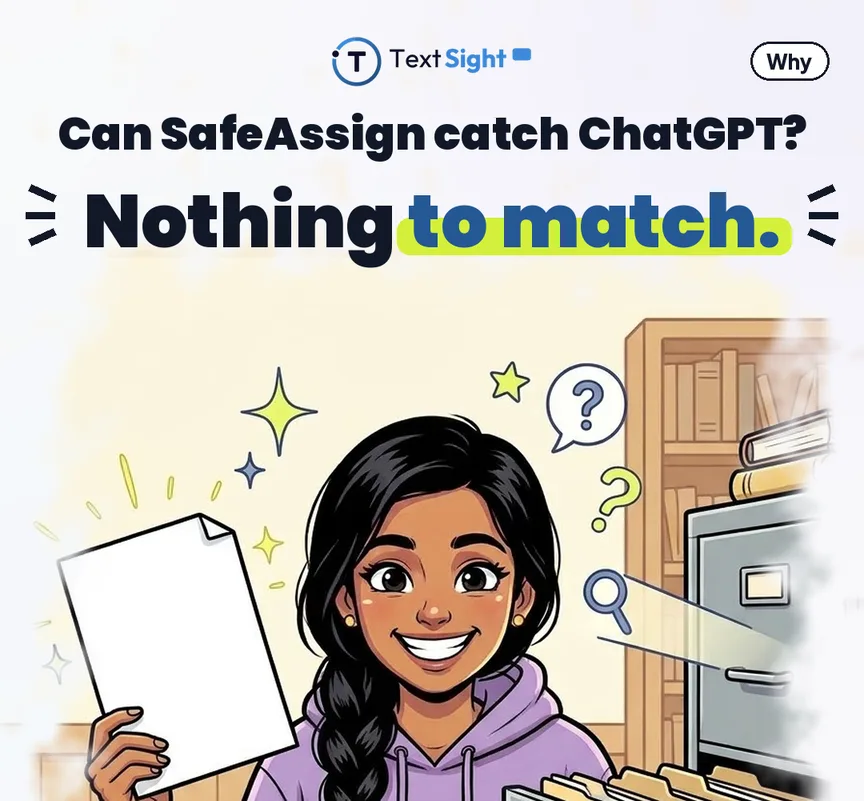 Illustration about SafeAssign having nothing to match against, showing a student with documents and database icons.