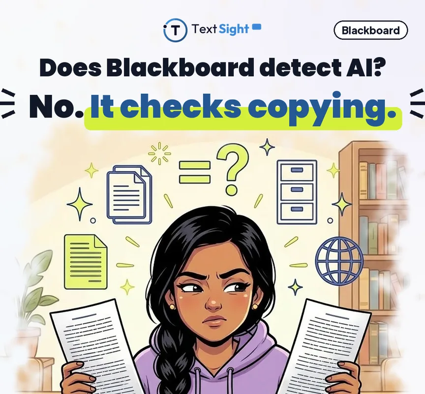Illustration of a student holding up two printed papers side by side, comparing them, with document and globe icons above. The caption reads: does Blackboard detect AI? No. It checks copying.
