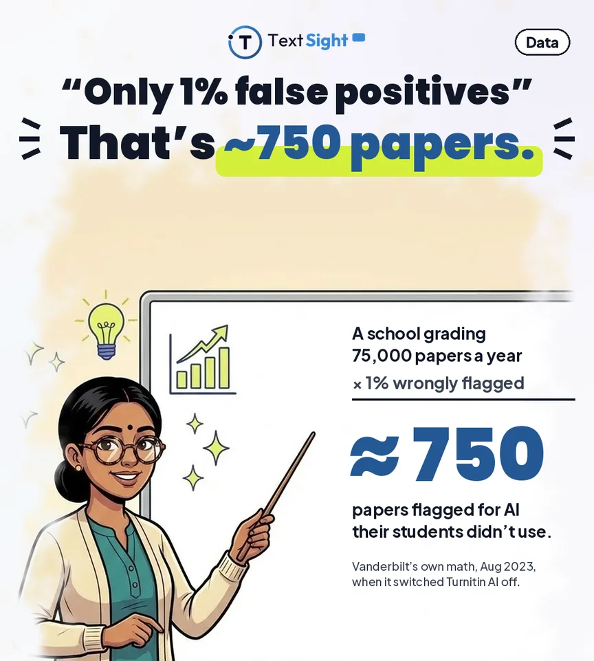 Data card showing the arithmetic: a school grading 75,000 papers a year, times a 1 percent false positive rate, gives roughly 750 papers flagged for AI their students did not use. Attributed to Vanderbilt, August 2023, when it switched Turnitin AI detection off.