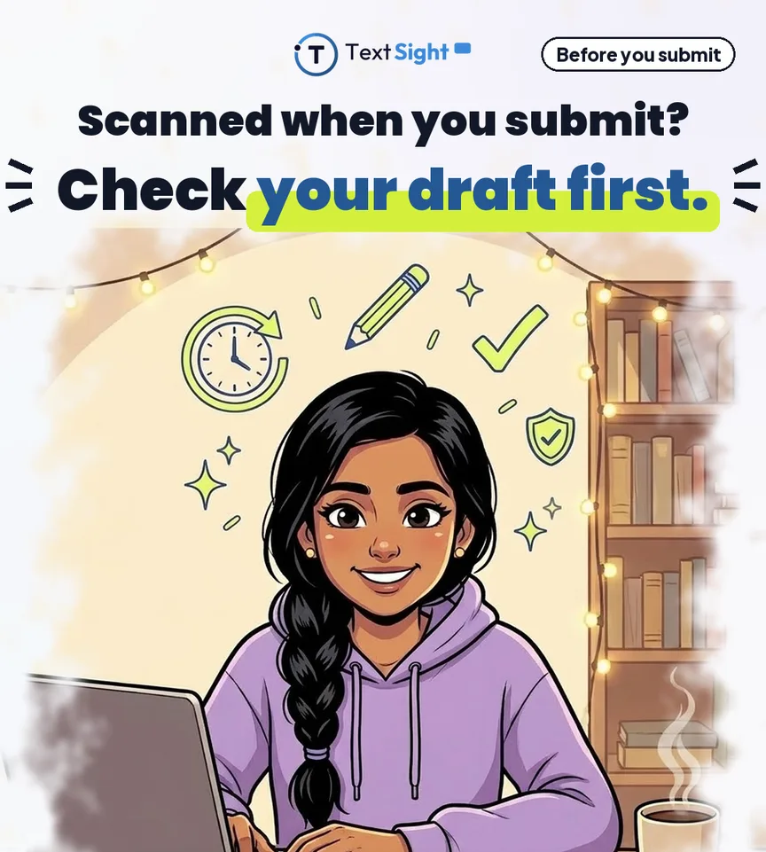 Illustration of a student writing at a laptop under warm string lights, with a clock, pencil and tick icons, above the caption: scanned when you submit? Check your draft first.
