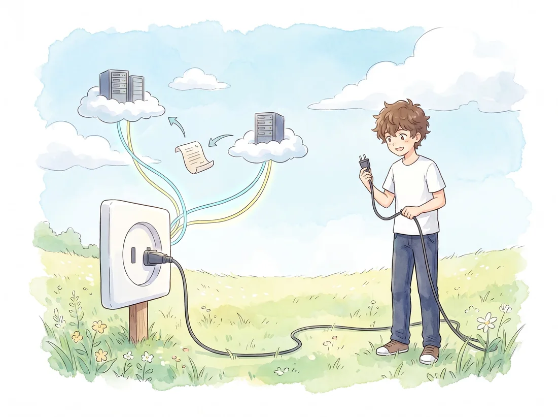 Watercolour illustration of a student standing in a meadow holding a power cable, with the other end plugged into a wall socket. Cables run from the socket up to two servers in clouds, passing a sheet of paper between them.
