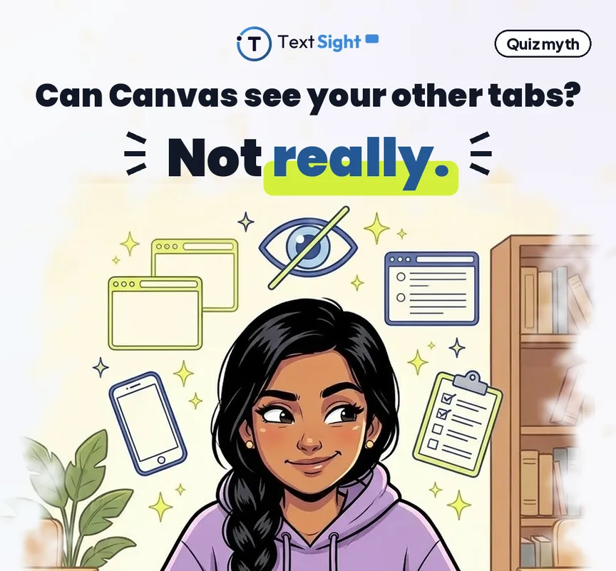 Illustration of a student surrounded by browser windows, a phone and a crossed-out eye icon, above the caption: can Canvas see your other tabs? Not really.