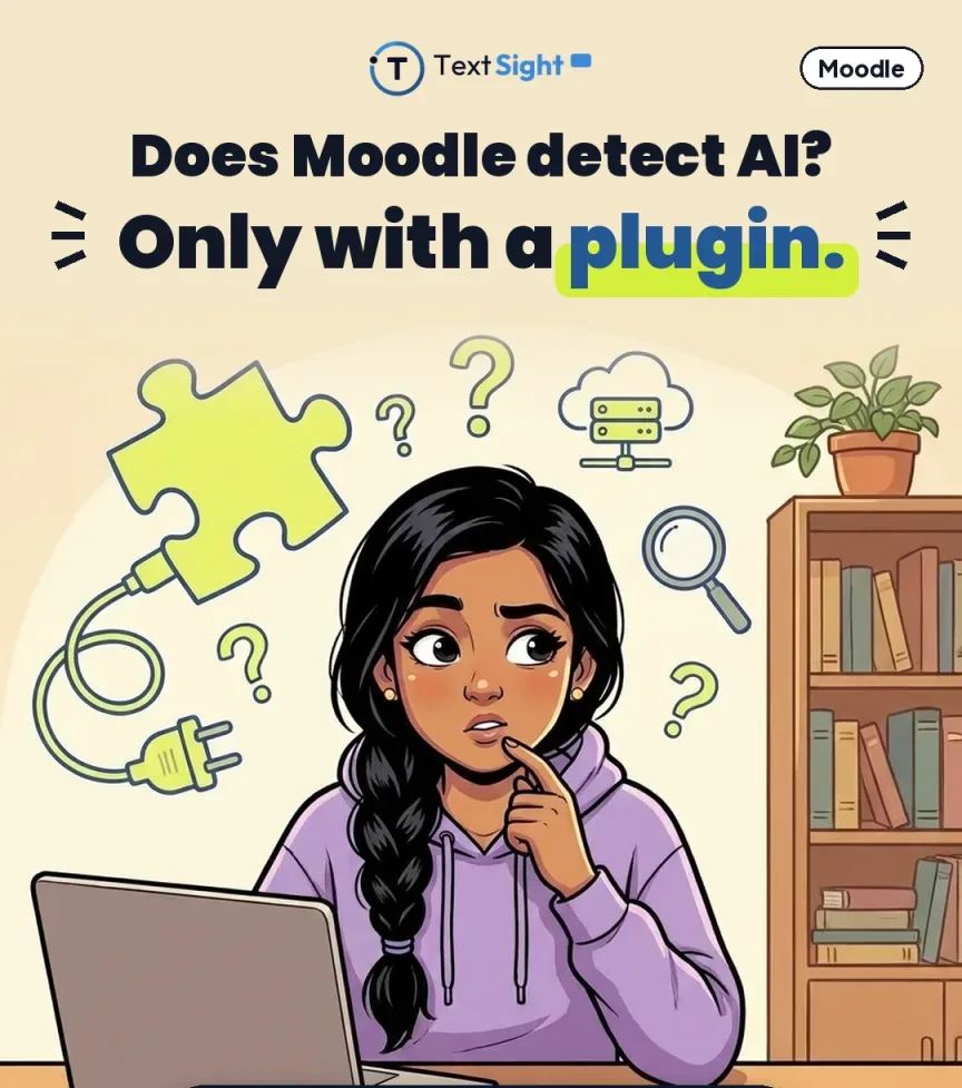 Illustration of a student at a laptop looking uncertain, beside a puzzle-piece plug icon. The caption reads: does Moodle detect AI? Only with a plugin.
