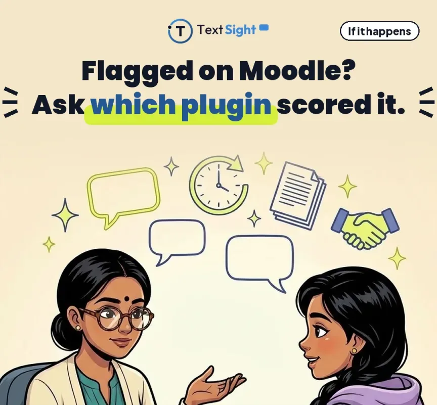Illustration of a student talking with an instructor across a desk, with three steps listed: ask to see the actual report, check that tool's error rate, and bring your drafts and version history.