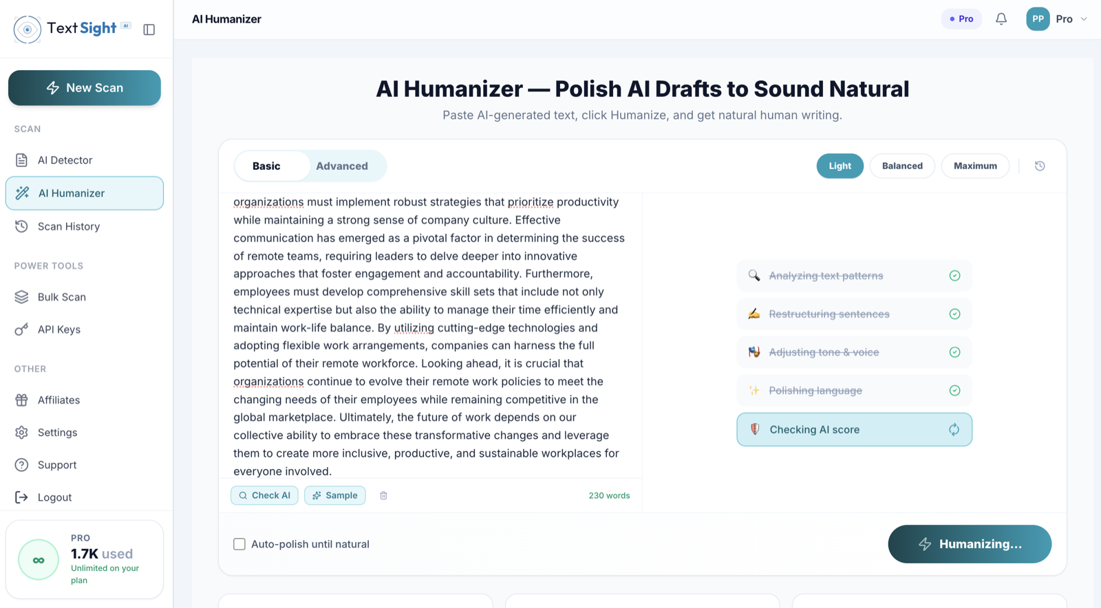 TextSight AI Humanizer with Light, Balanced, and Maximum modes